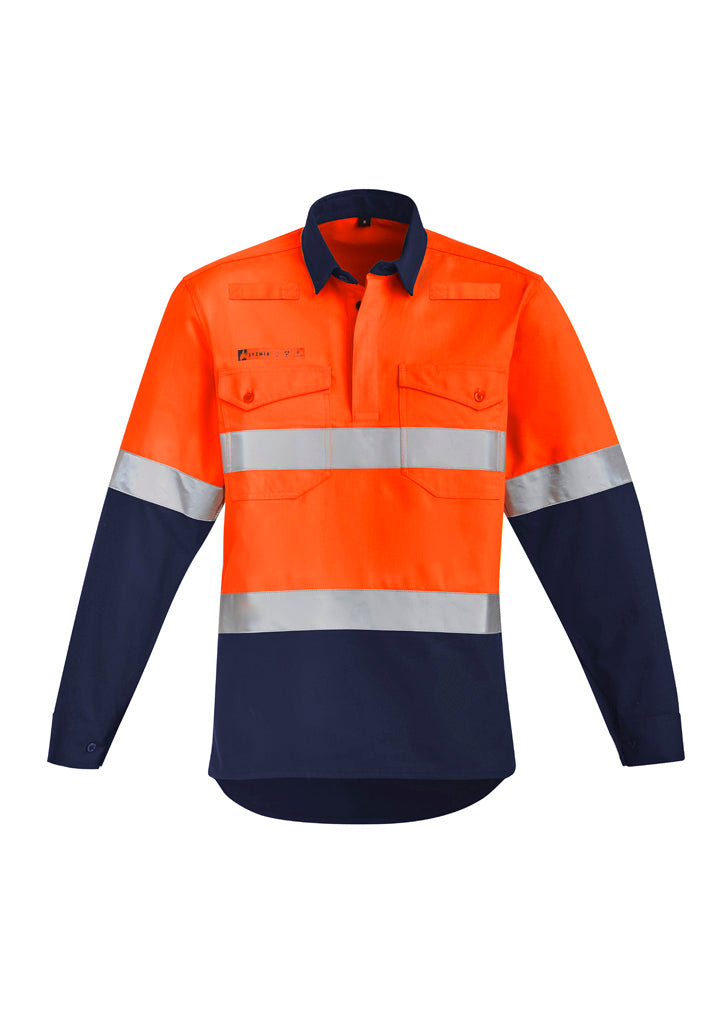 Mens Orange Flame Hi Vis Closed Front Shirt - Hoop Taped in Orange/Navy