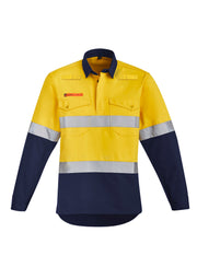 Mens Orange Flame Hi Vis Closed Front Shirt - Hoop Taped in Yellow/Navy