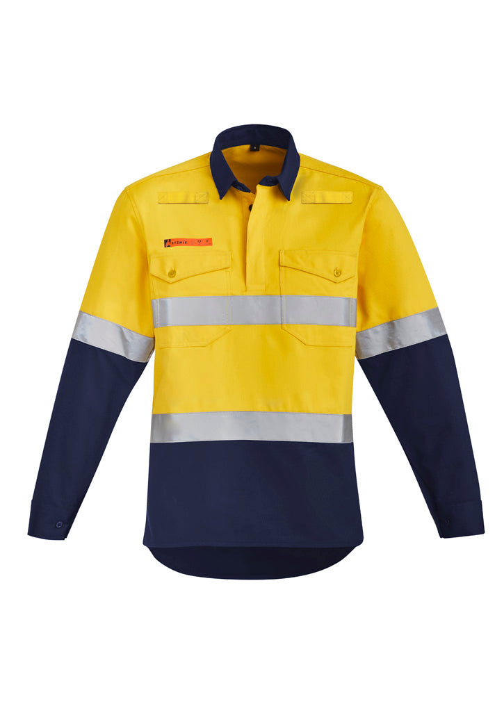 Mens Orange Flame Hi Vis Closed Front Shirt - Hoop Taped in Yellow/Navy