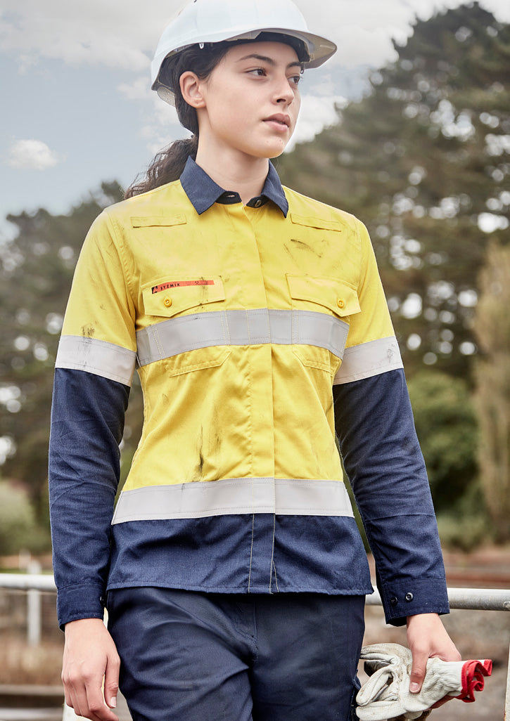 Womens Orange Flame Lightweight Ripstop Taped Shirt in Yellow/Navy
