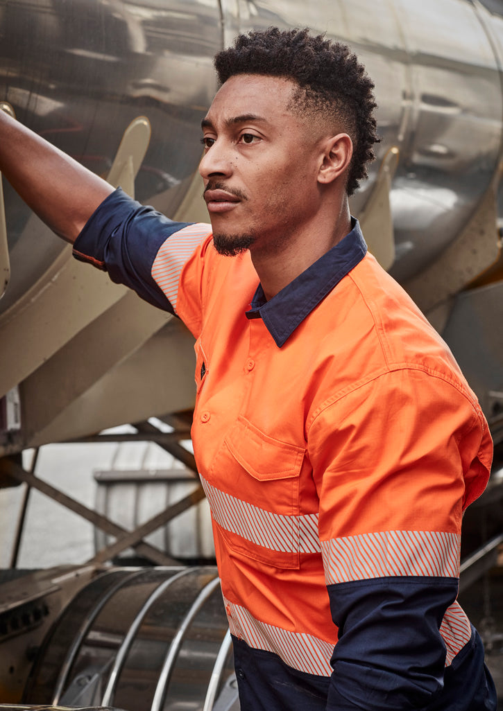 Mens Rugged Cooling Hi Vis Segmented Tape Long Sleeve Shirt in Orange/Navy