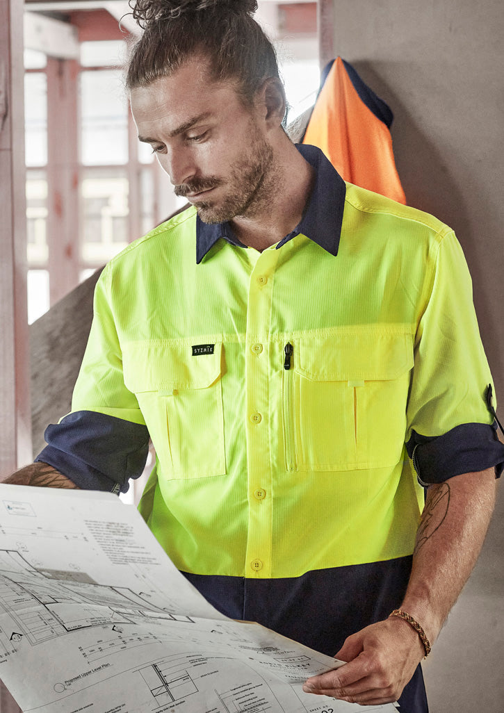 Mens Hi Vis Outdoor Long Sleeve Shirt in Yellow/Navy