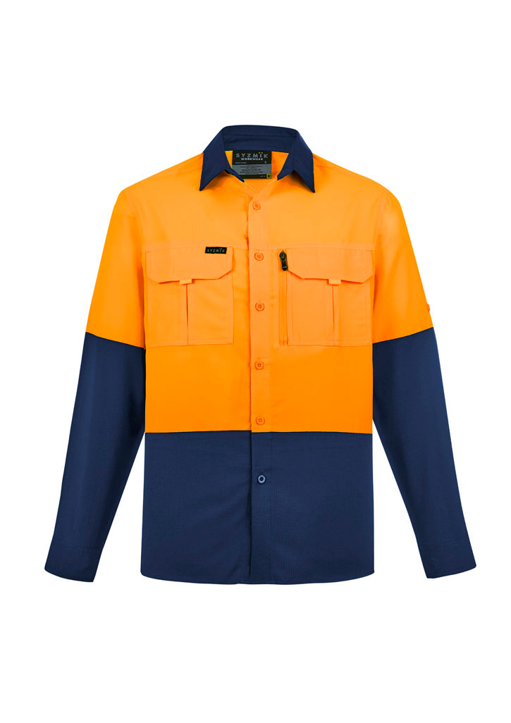 Mens Hi Vis Outdoor Long Sleeve Shirt in Orange/Navy