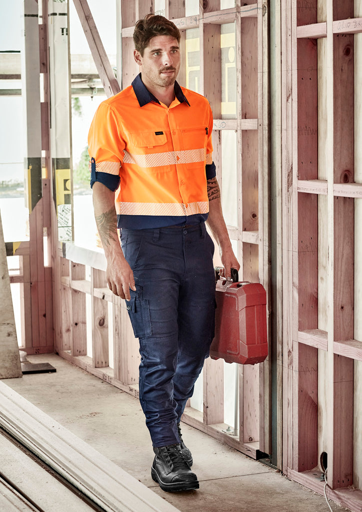Mens Hi Vis Outdoor Segmented Tape Long Sleeve Shirt in Orange/Navy