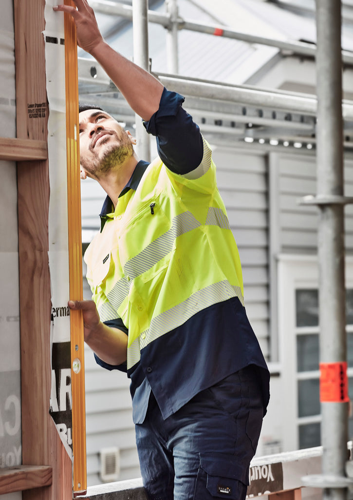 Mens Hi Vis Outdoor Segmented Tape Long Sleeve Shirt in Yellow/Navy