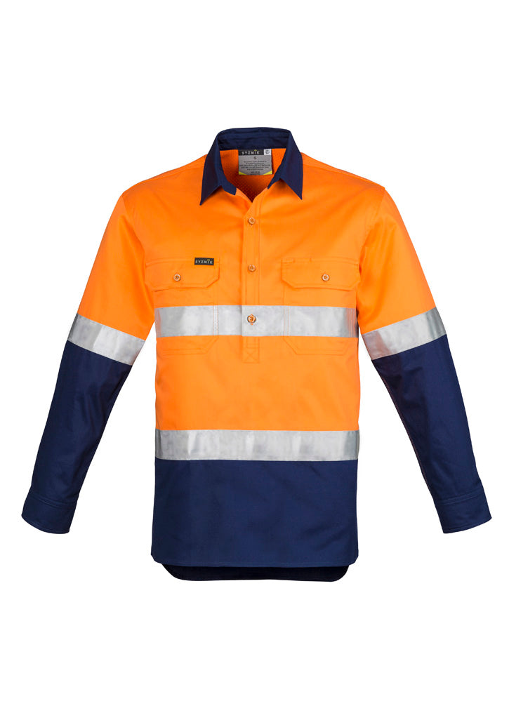 Mens Closed Front Long Sleeve Shirt - Hoop Taped in Orange/Navy