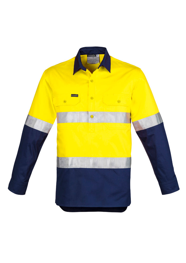 Mens Closed Front Long Sleeve Shirt - Hoop Taped in Yellow/Navy