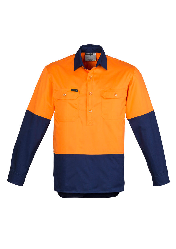 Mens Closed Front Long Sleeve Shirt in Orange/Navy