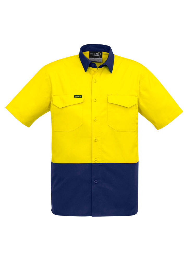Mens Rugged Cooling Hi Vis Short Sleeve Shirt in Yellow/Navy
